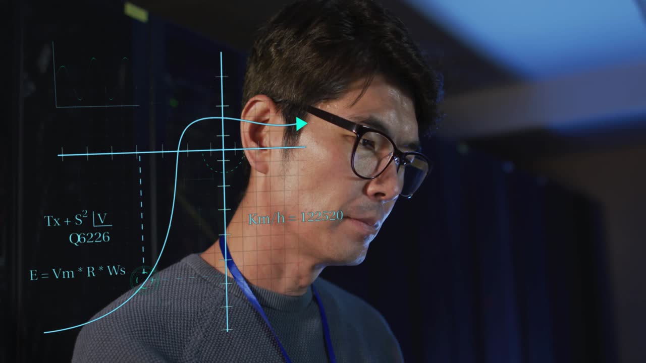 Vertical video: Overlay animating Korean man turning on stage viewing plot, specs, sweater, blue ID