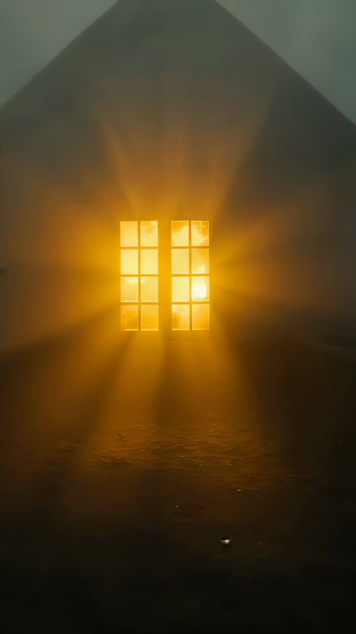 Vertical video: Opening mist revealing multi-paned window glowing amber at roofline, dust dancing