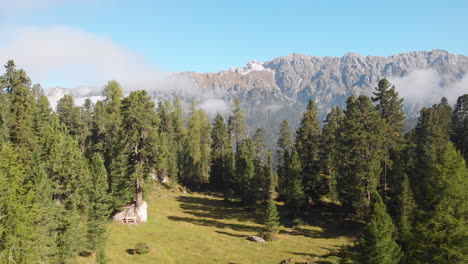 Aerial-drone-shot-in-the-forest-under-Seceda-peaks,-Italy