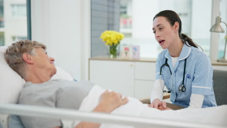 conversation, nurse and senior woman in bed