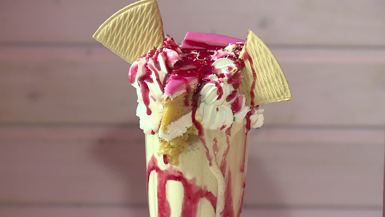 Pink Cake Batter Milkshake with Crispy Wafers