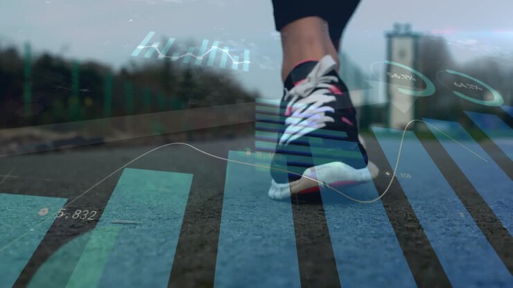 Animation of data processing and diagrams over caucasian woman running