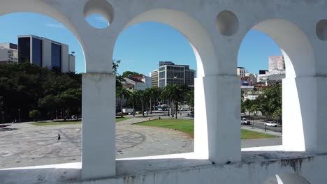 daytime detail of rio de janeiro touristic attraction arcos da lapa, beautiful architecture by drone shot goes through arch