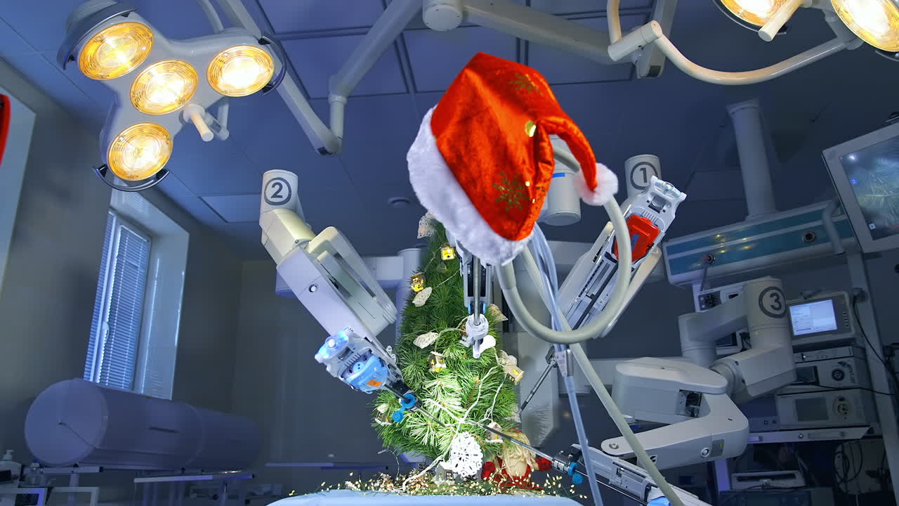 Robotic arm with Christmas cap on. Super precise moves of Da Vinci manipulators to decorate Christmas tree. Innovative surgery equipment in operating room close up.