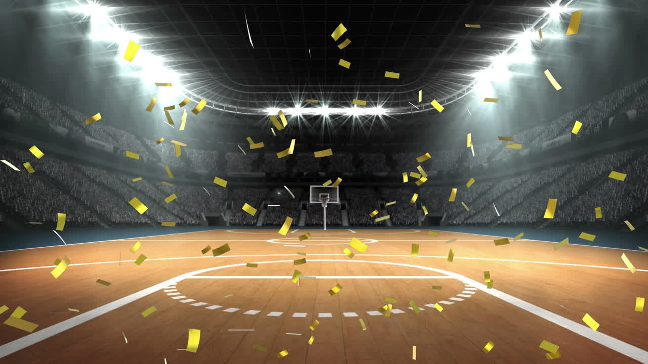 농구장 전망에 반하여 떨어지는 황금색 콘페티의 애니메이션