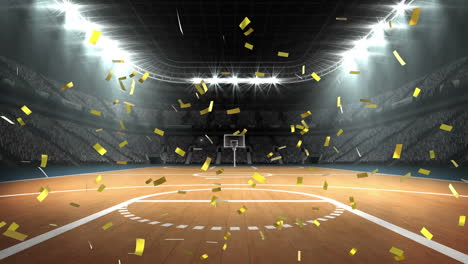 animation of golden confetti falling against view of basketball court