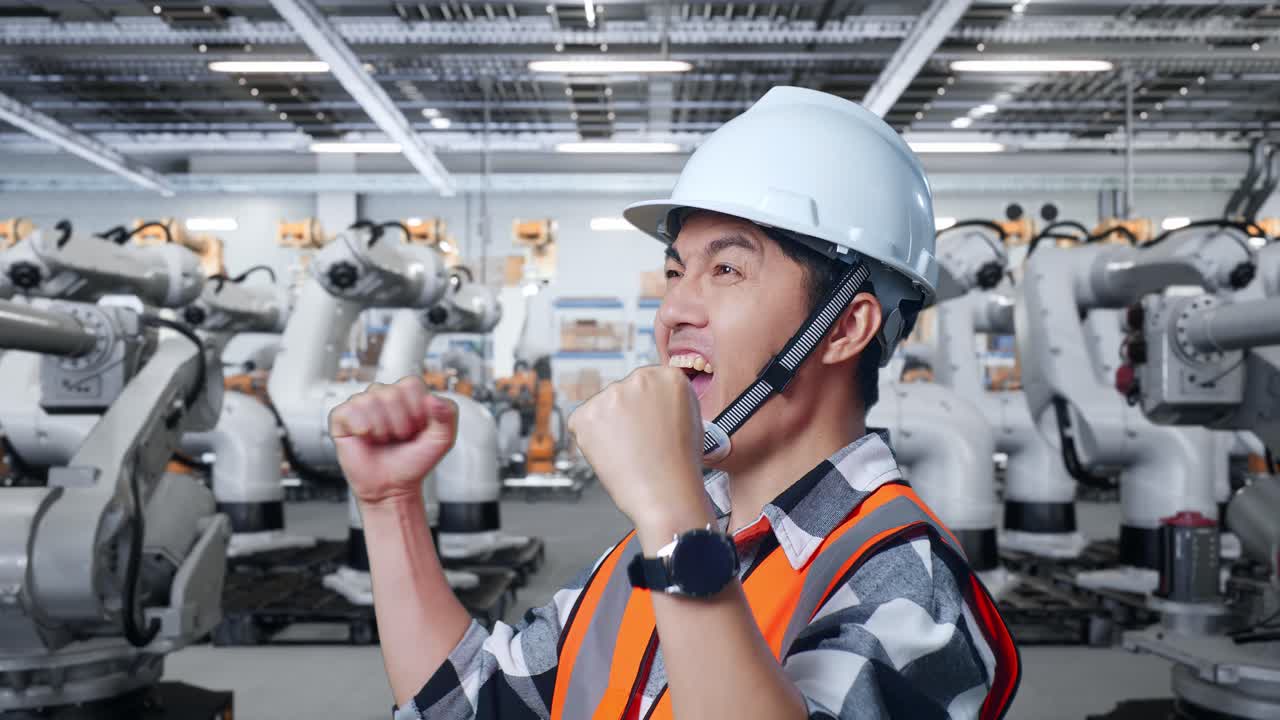 엔지니어가 로을 가진 공장에서 성공을 축하하고 있습니다.