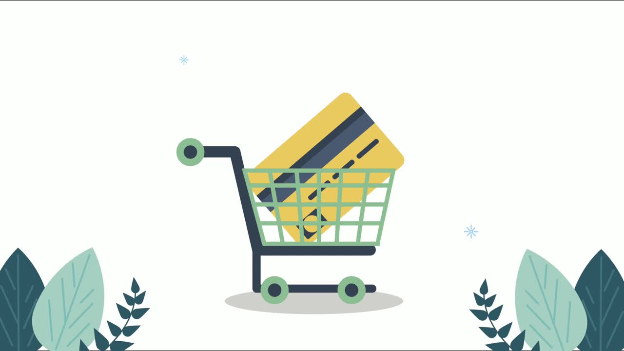 ecommerce animation with credit card in shopping cart