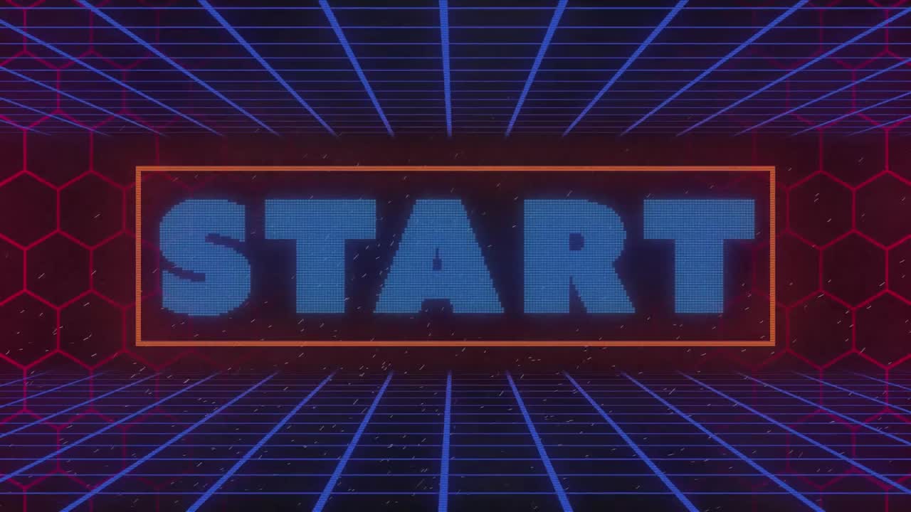 animación digital del texto de inicio sobre formas hexagonales y red de cuadrícula azul contra fondo negro