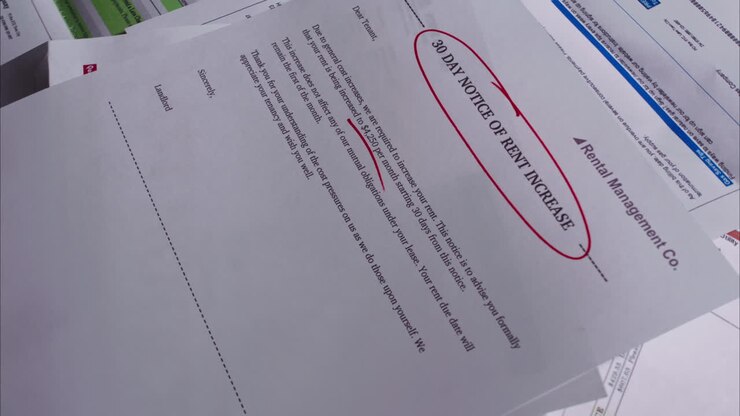 Rotating Rent Increase Notice on Pile of Past Due Bills
