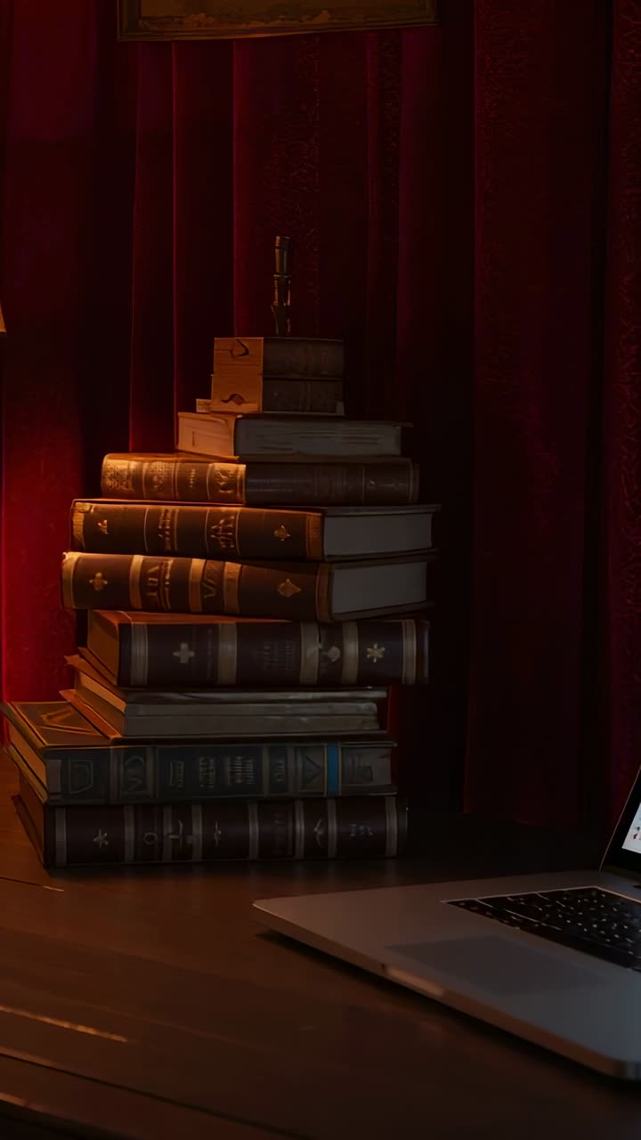 Vertical video: Holding steady camera on study desk, capturing books, box, candleholder and laptop