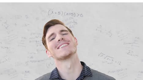 Animation-of-smiling-caucasian-male-teacher-over-mathematical-equations