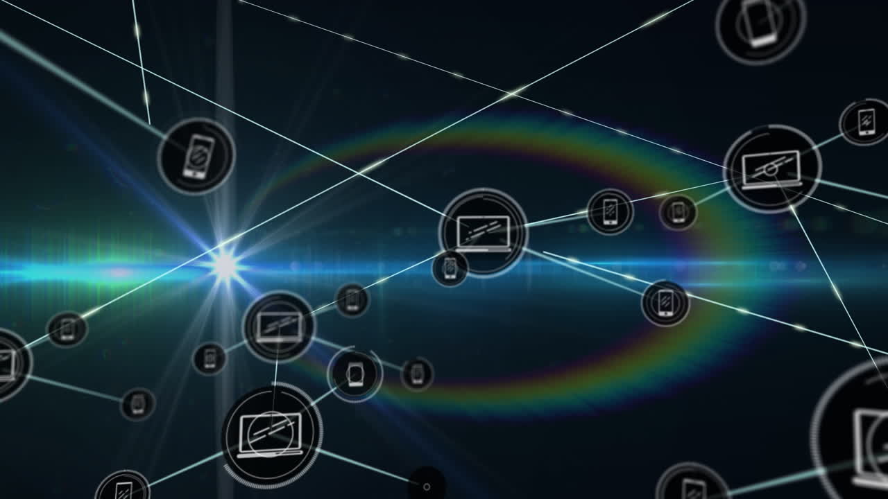 빛나는 불빛 위에 아이콘으로 연결된 네트워크의 애니메이션