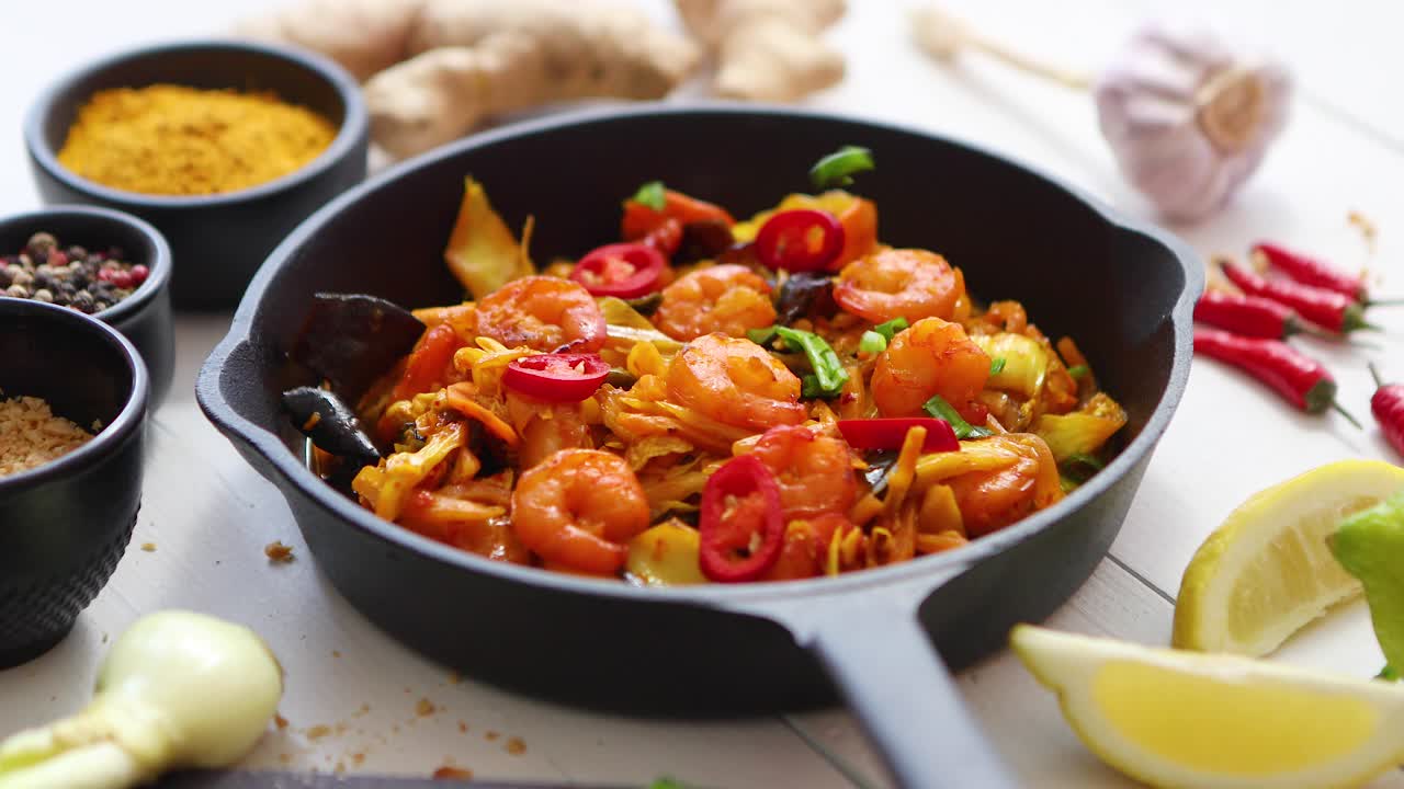 cebollín cayendo sobre fideos fritos frescos con verduras con camarones servidos en una sartén de hierro negro