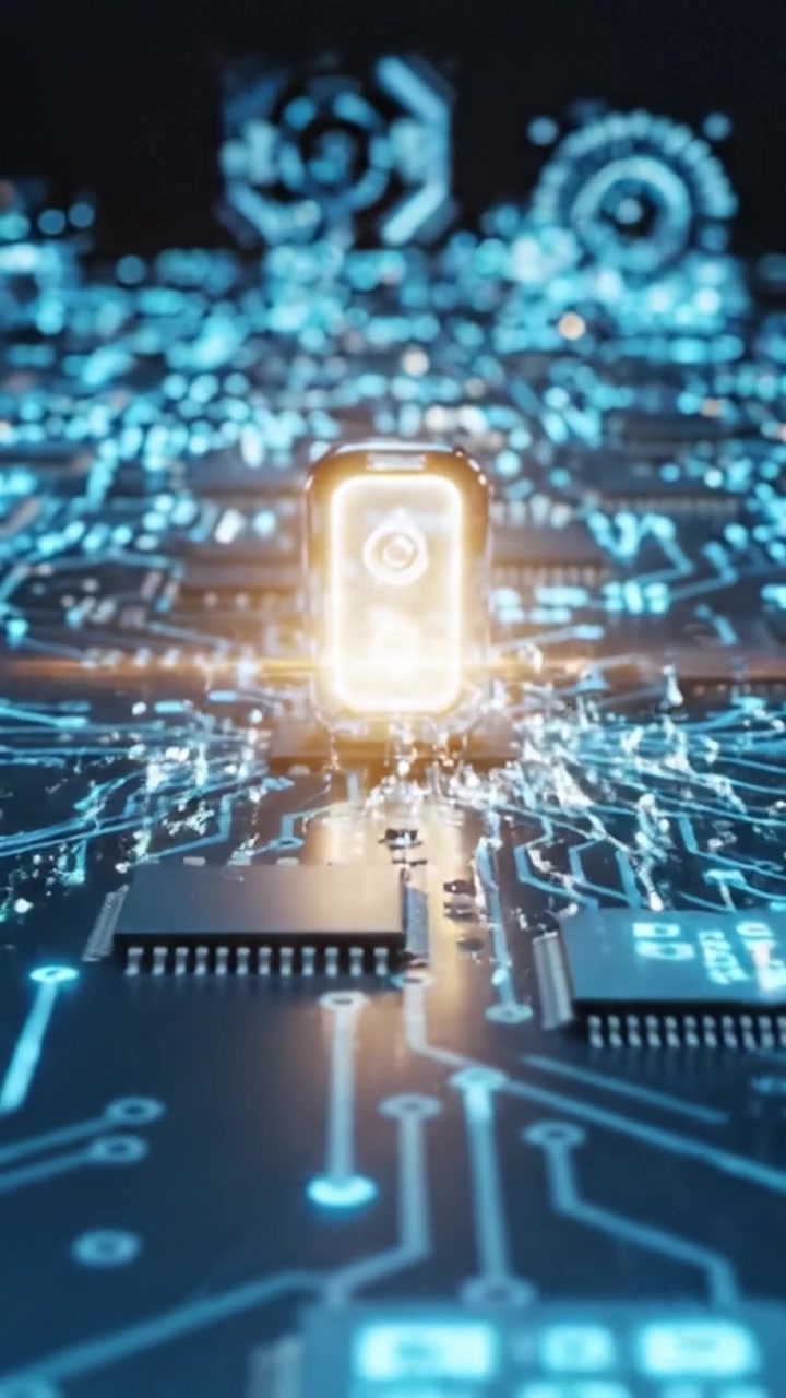 Futuristic Technology Showcase: A Sleek Glass Object Illuminated on an Intricate Circuit Board with Glowing Blue Patterns and Data Flow in a Digital Landscape