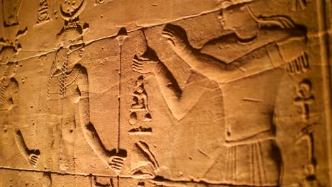 detalles de jeroglíficos iluminados por luz artificial dentro del templo de philae, aswan, egipto