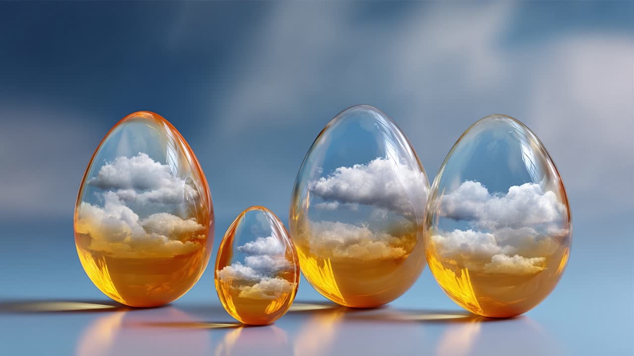 A Collection of Translucent Eggs Reflecting Clouds and Sky in a Serene Landscape, Showcasing Nature's Beauty and the Play of Light and Reflection