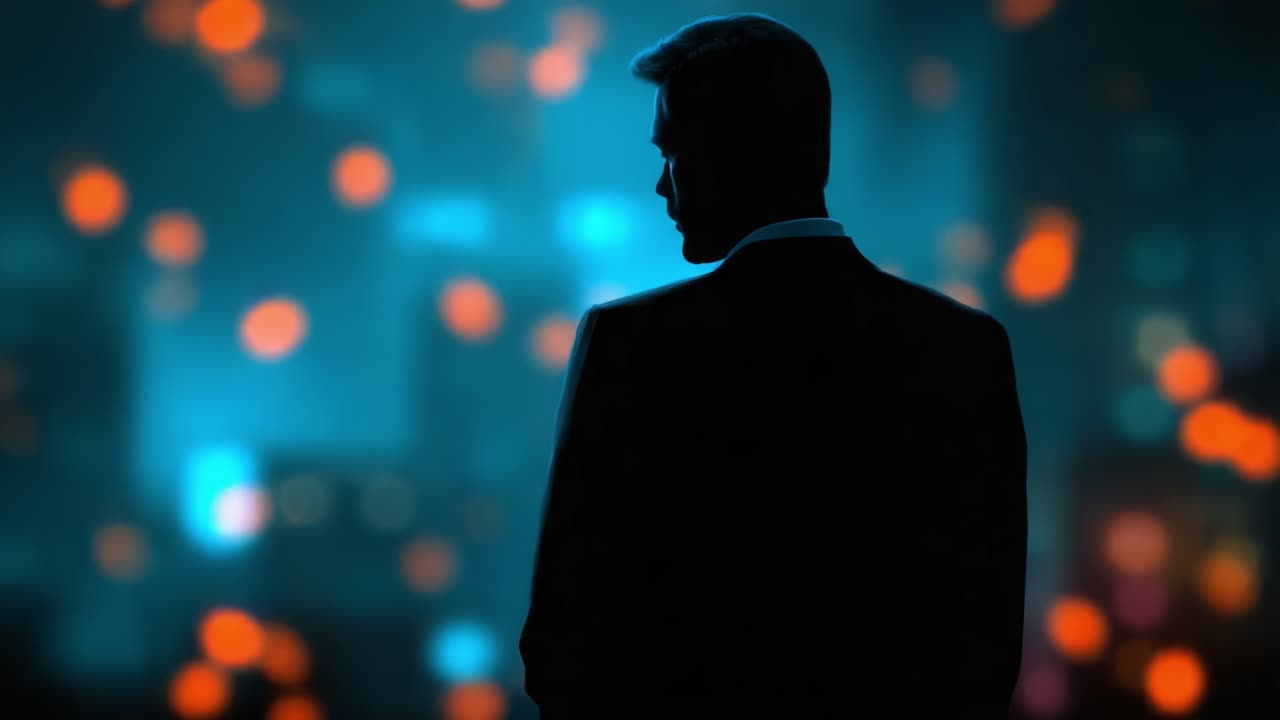 A Mysterious Silhouette Against a Dazzling Urban Nightscape, Merging Shadows and Light to Create an Air of Intrigue and Suspense in the Cityscape