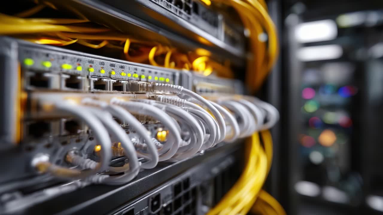 A Detailed Look at Server Rack Infrastructure with Illuminated Network Switches and Organized Cabling in a High-Tech Environment