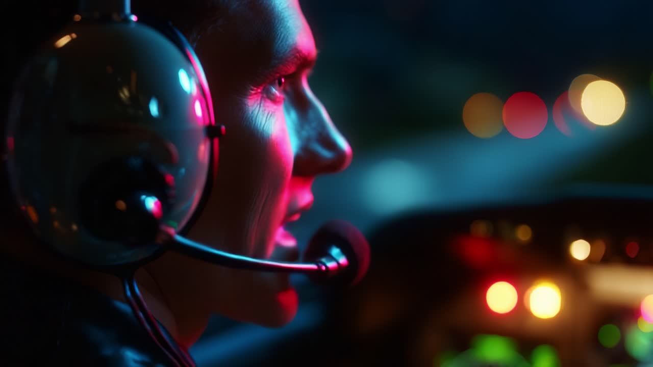 Primer plano de un piloto concentrado con auriculares que se comunica a través de un micrófono mientras vuela de noche, iluminado por luces de colores de los controles de la cabina que realzan el ambiente de la aviación.