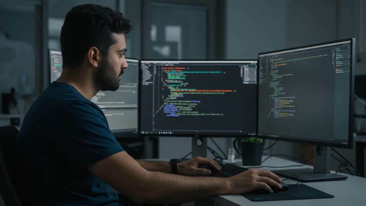 Focused Programmer Writing Code in a Modern Workspace Surrounded by Multiple Monitors, Capturing the Energy of Software Development and Problem Solving