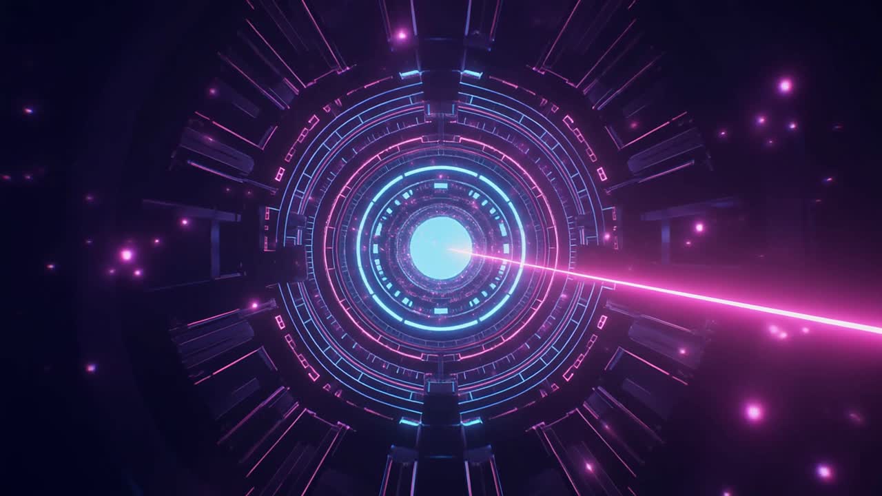 Abstract Futuristic Tunnel with Glowing Neon Lights and Laser Beam