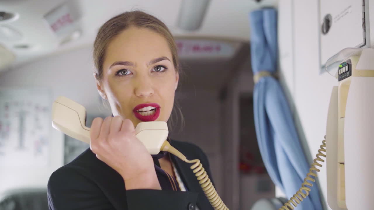 Flight attendant making a call on airplane telephone