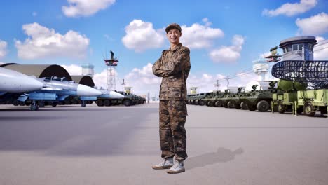 full body of side view of asian man soldier smiling and crossing his arms while standing at military camp