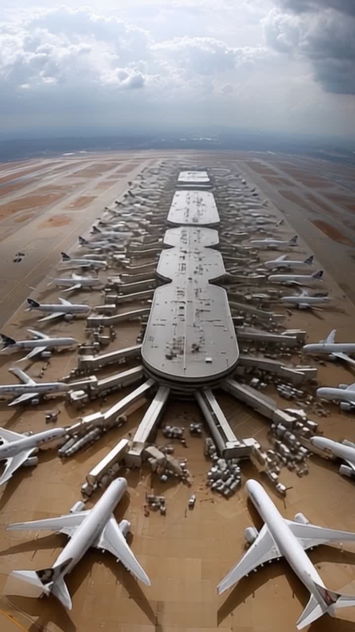 Aerial View of a Busy Airport with Multiple Runways and Aircraft at Various Gates, Showcasing the Dynamic Operations at an Air Travel Hub