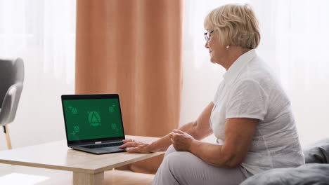 senior woman sitting on sofa in living room talking on video call on modern laptop with green screen