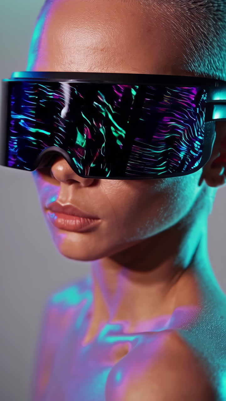 Futuristic Portrait with Neon Lights and Reflective AR Glasses