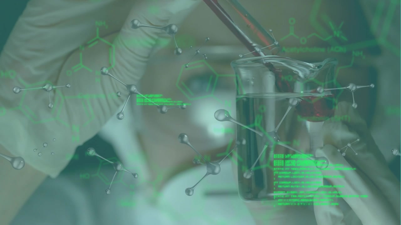 Animation of molecules and data processing over caucasian female scientist with beakers