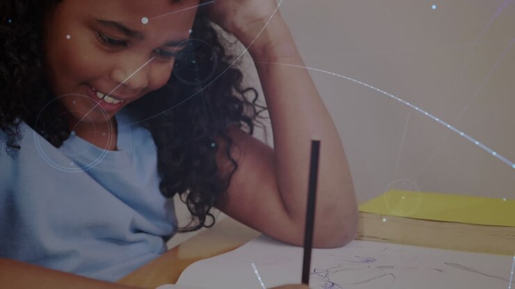 Animation of networks of connections over schoolgirl in classroom