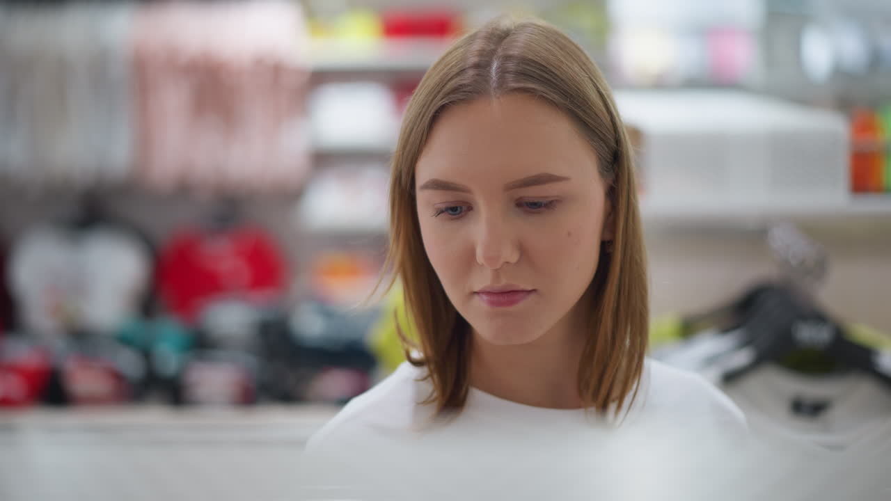 사소한 배경에서 흐릿한 다채로운 옷과 액세서리와 함께 그녀의 앞에 있는 물체에 초점을 맞추는 사려 깊은 젊은 여성의 클로즈업
