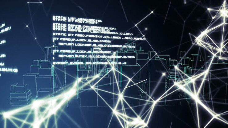Animation of data processing and network of connections over 3d cityscape drawing