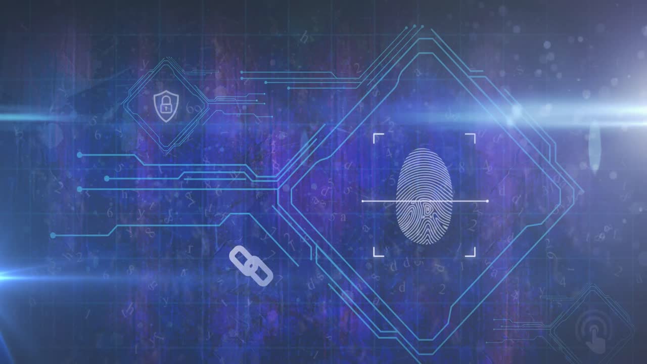 Animation of biometric fingerprint and data processing over blue background