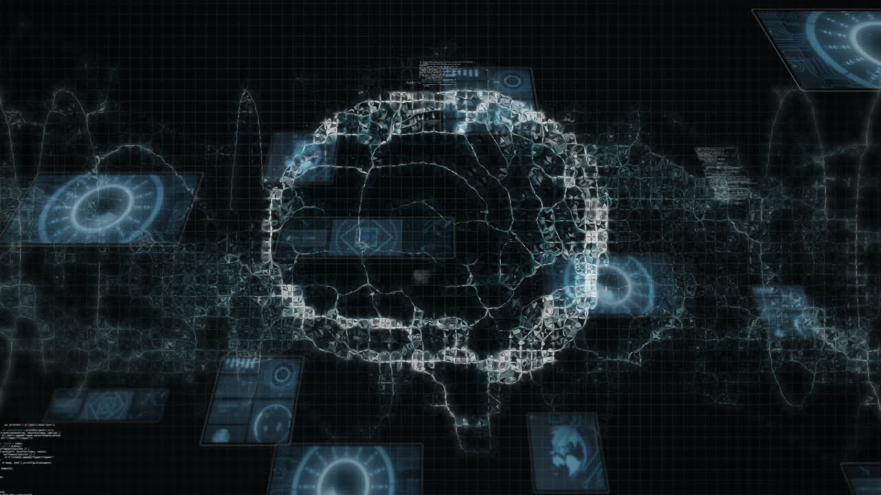 Animation of digital human brain rotating and display screens with medical structures