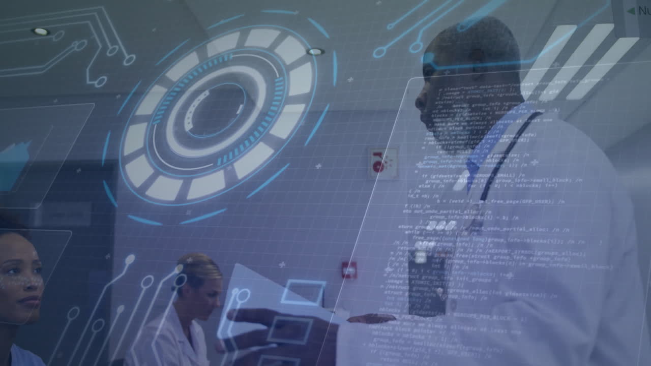 Medical team reviewing printed reports in conference room, displaying digital HUD interface