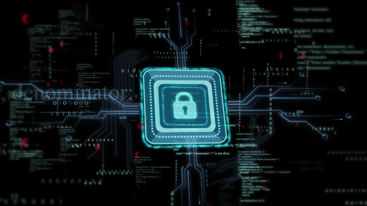 Animation of ai data processing over padlock and dark background