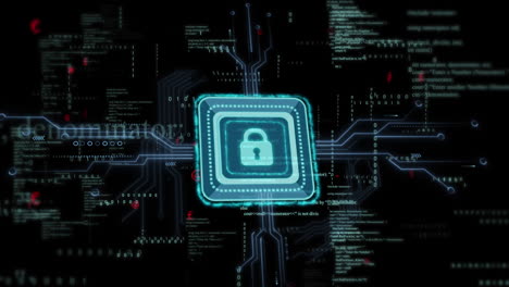 Animation of ai data processing over padlock and dark background