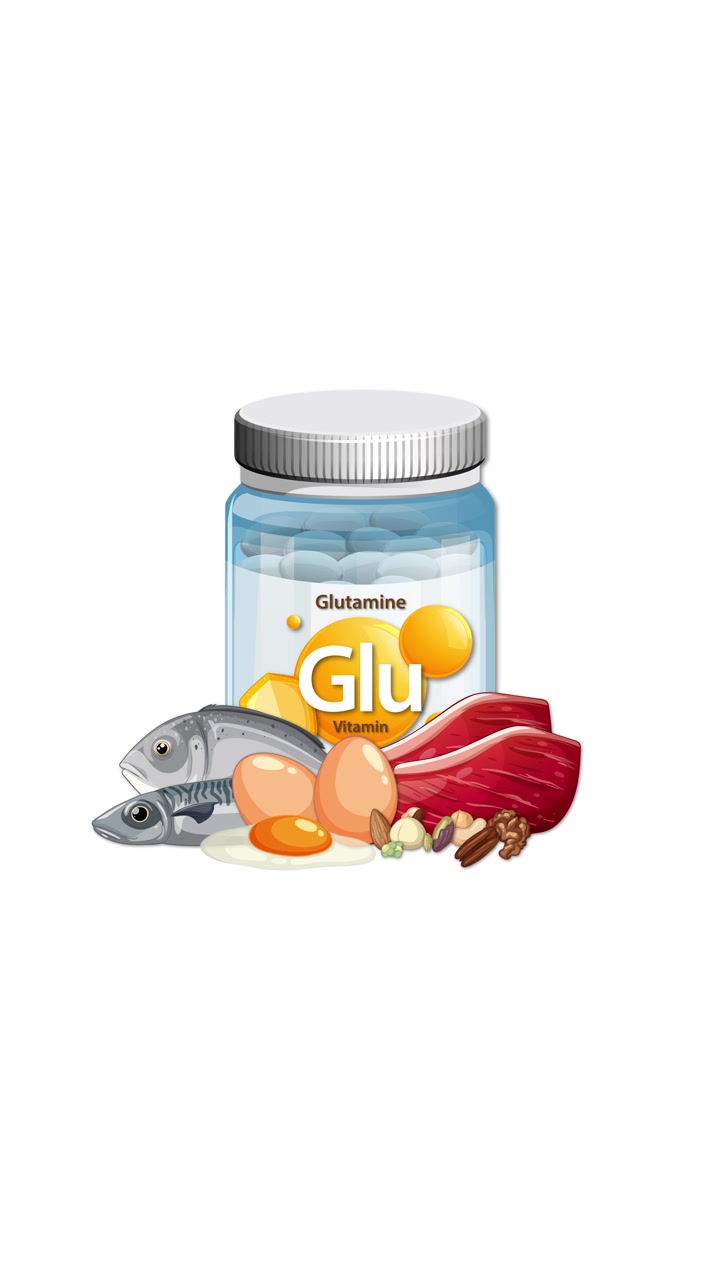 Glutamine supplement bottle with fish, meat, eggs, and nuts appearing, on a white background