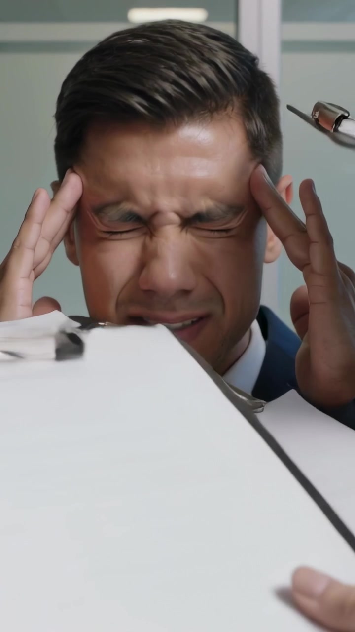 Vertical video: Reacting to hands pushing clipboards, man in dark suit pressing temples in cubicle
