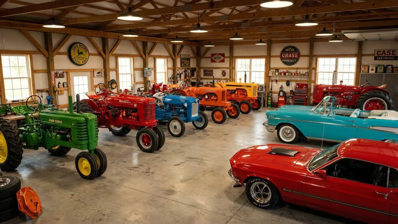 Sammlung von Oldtimer-Traktoren und klassischen Autos in der Garage