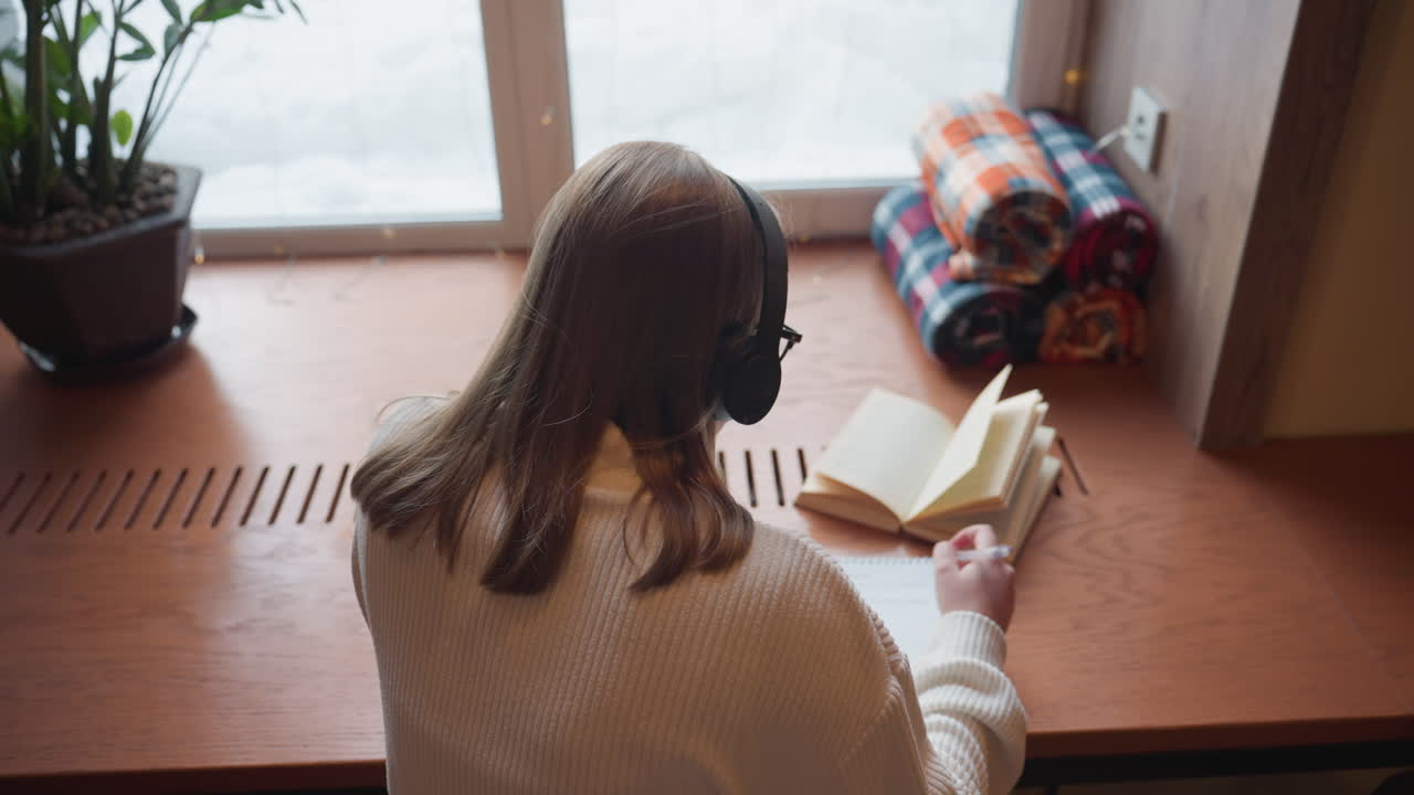 aerial view of young lady in white sweater wearing headphone writing in notebook while studying from open book near cup and rolled cloth by window with bright light