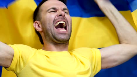 schwedischer fan feiert, während er die schwedische flagge in slowmotion hält,4k, hohe qualität