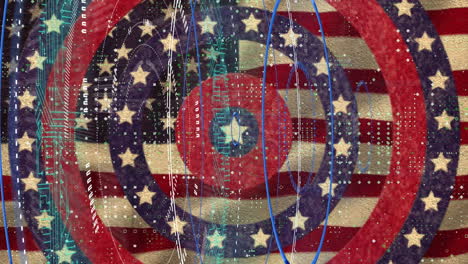 digital animation of neon round scanners over stars on spinning circles against waving american flag