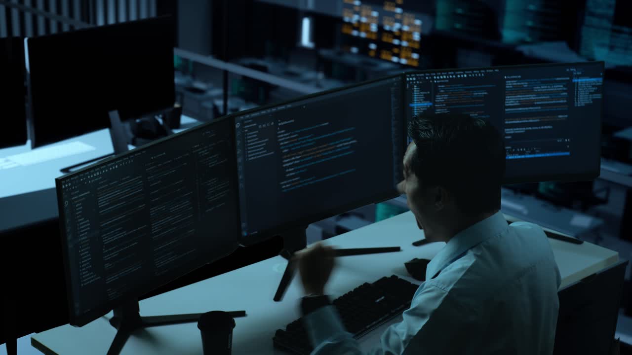 vista lateral de un desarrollador asiático feliz celebrando mientras escribe código con múltiples pantallas de computadora en la oficina