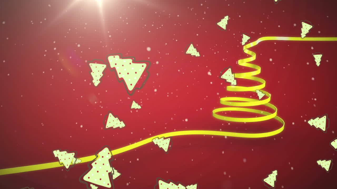 Animation of yellow spiral tree on red background with falling snowflakes