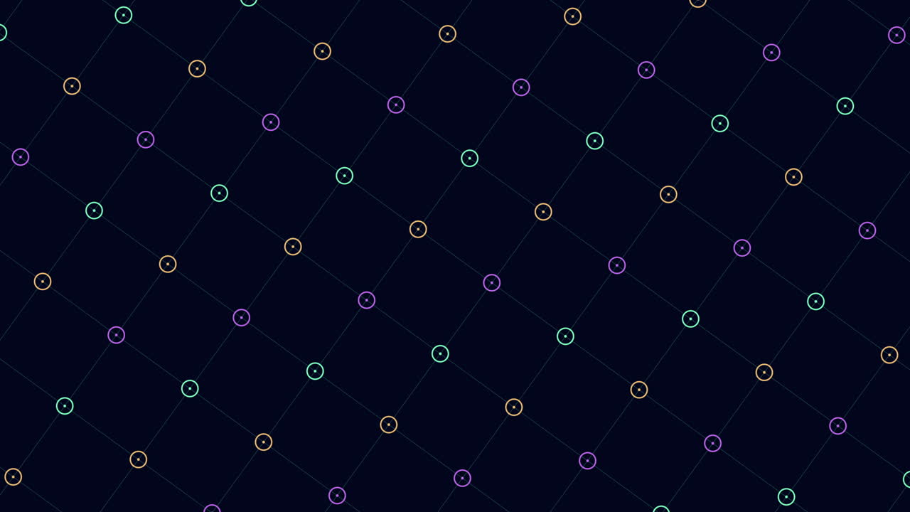 Rainbow neon rings and dots pattern with grid lines