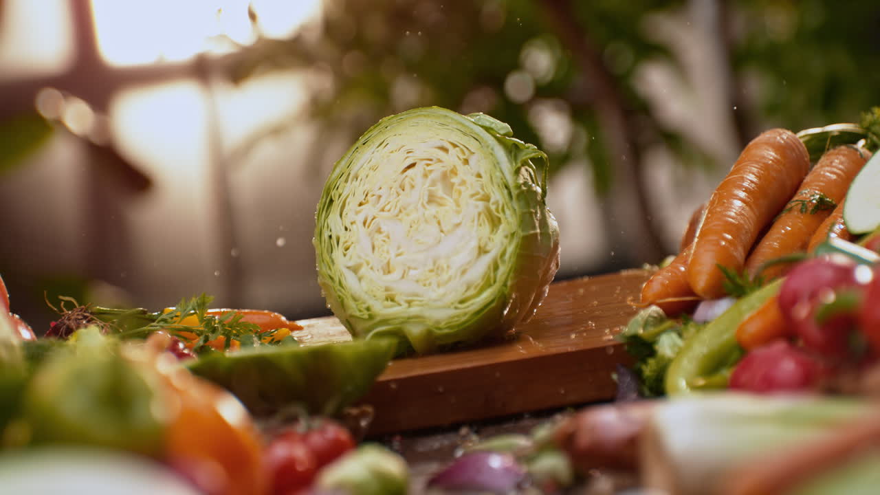 셰프가 신선한 채소를 잘라내고 있습니다.